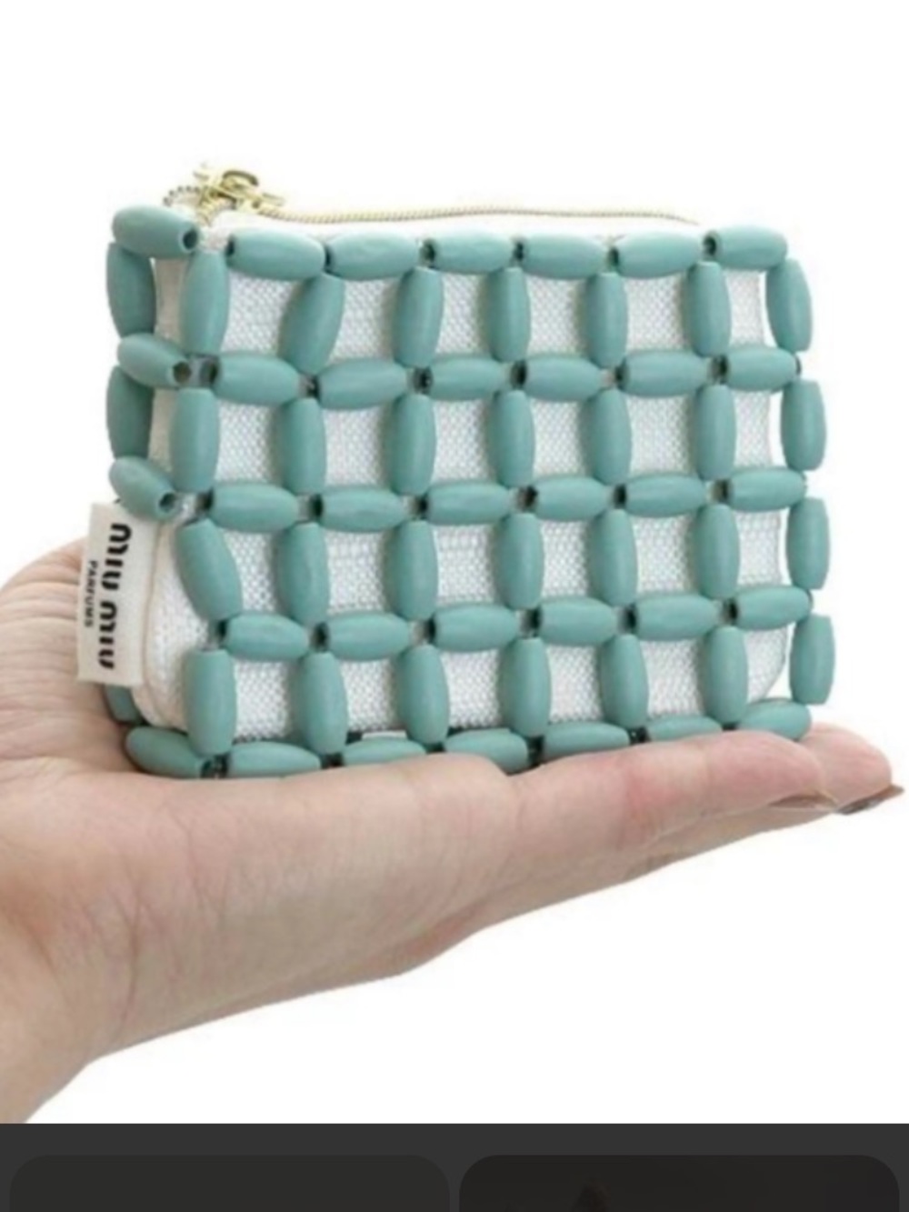Miu Miu White Canvas Clutch with Turquoise Bead Grid - Picture 3 of 4